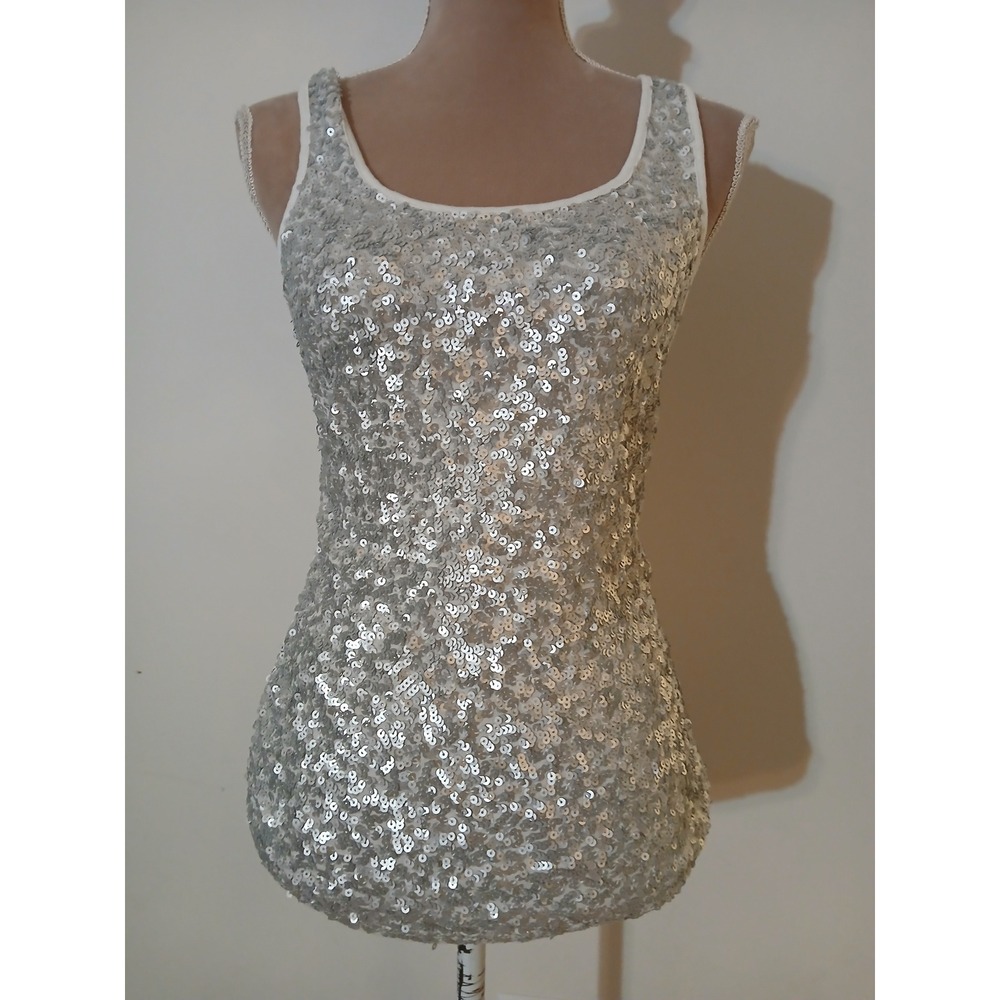 Old Navy Small Womens Sequin Tank Top Cream Silver Sparkle Scoop Neck